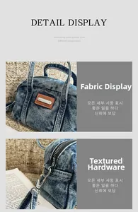 Detail of vintage denim crossbody bag featuring contrast leather patch and metal hardware