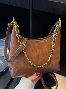 Women Retro Faux Suede Patchwork Hobo Bag Gold Chain Underarm Dumpling Bag Simple Urban Shoulder Crossbody Purse Fashion Handbag