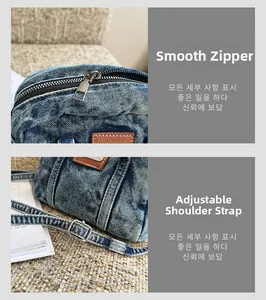 Detail showing the smooth zipper closure and adjustable shoulder strap on denim handbag