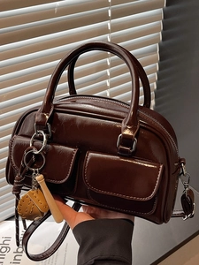 Women Glossy PU Leather Boston Bag Double Front Pocket Shoulder Crossbody Handbag With Baseball Charm Solid Color Daily Satchel