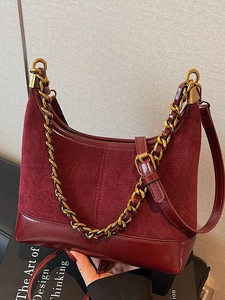 Retro burgundy suede and leather patchwork hobo bag with gold chain strap detail