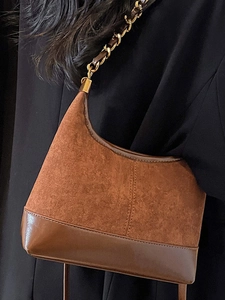 Retro brown suede and leather patchwork dumpling shoulder bag with metal chain strap
