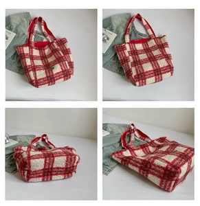Detailed views of red and white checkered plush tote bag with fabric handles and logo
