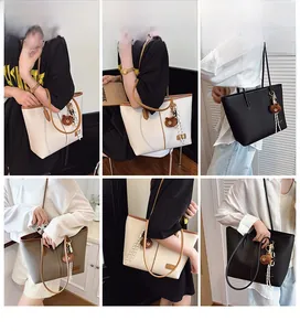 Collage of large leather tote bags in various colors featuring contrast shoulder straps