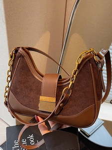 Vintage PU Leather Stitching Baguette Bag For Women Golden Chain Shoulder Underarm Bag Retro Half Moon Small Square Bag