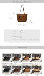 Detailed dimension chart and color guide for a quilted PU suede tote shoulder bag