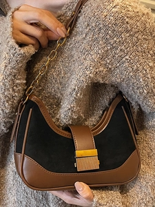 Vintage French baguette bag in black suede and brown leather with gold chain strap