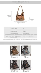 Infografica con dimensioni borsa PU 30x33x9cm e dettagli ricamati con orsetto e scritte