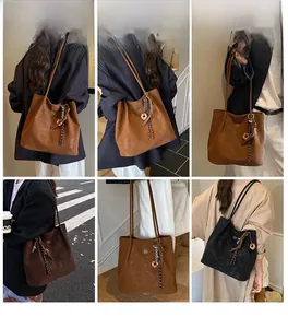 Collage of chic suede tote bags in caramel and black showing various fashion street styles