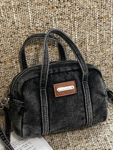 Women Vintage Washed Denim Handbag Casual Mini Boston Bag Crossbody Shoulder Bag With Leather Patchwork Contrast Stitching