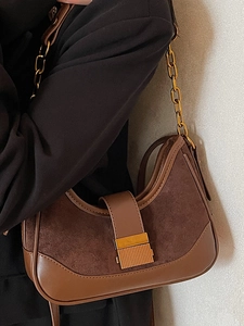French vintage brown baguette bag with suede leather and gold chain strap for women