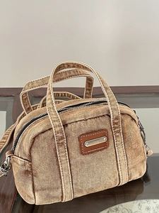 Retro washed brown denim mini Boston handbag with dual handles and crossbody strap
