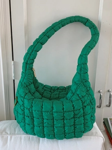 Green quilted cloud bag with puffy nylon fabric and large capacity shoulder design