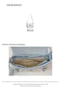 Detail view showing blue pleated fabric handbag with metal buckle and inner zip pocket
