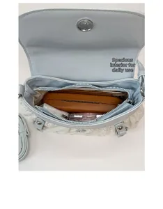 Internal capacity of light blue bow bag showing space for phone and cosmetics
