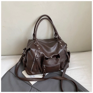 2025 Winter large capacity dark brown PU leather crossbody shoulder bag with multi-pockets
