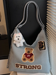 Borsa Tote da Donna in Pelle PU Grande Capacità Moda Toppa Orso Ricamo Borsa a Tracolla Con Ciondolo in Peluche Borsa Casual