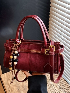 Borsa a Bacchetta da Donna in Pelle Scamosciata PU Patchwork Elegante Borsa a Tracolla a Spalla Grande Capacità con Ciondolo