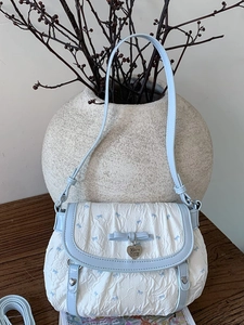 Sweet Bowknot Patchwork Shoulder Bag For Women Wrinkled Fabric PU Leather Underarm Bag Niche Design Casual Handbag Square Purse