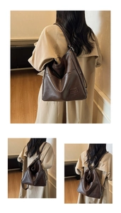 Detail of dark brown retro tote bag with convertible straps and soft leather texture