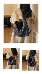 Detail view of the black versatile faux leather backpack with adjustable straps and logo tag