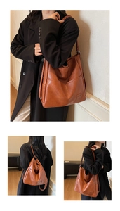 Detailed views of caramel brown large capacity tote bag with smooth faux leather texture