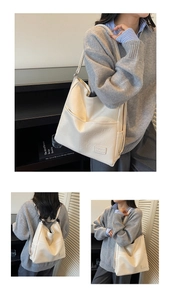 Detail view of versatile beige PU leather tote backpack showing shoulder and back carry options