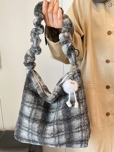 Retro grey plaid plush tote bag with ruffled handle and fuzzy keychain accessory