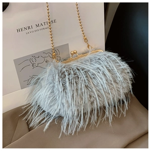 Close-up of fluffy grey faux fur handbag with golden bead chain and sphere metal clasp