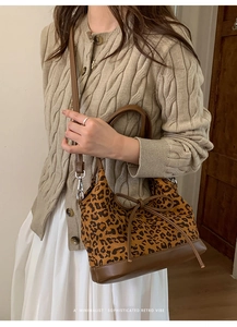 Close-up of leopard print canvas tote with brown leather trim and retro bow detail