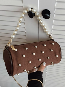 Korean Style Niche Artificial Pearl Embellished Barrel Bag For Women Chic PU Leather Shoulder Crossbody Bag Elegant Handbag