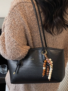 Retro black woven large tote bag with decorative colorful wood bead tassel for women