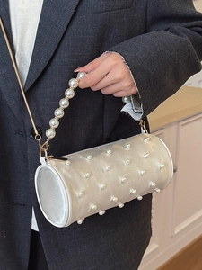 Silver cylinder pearl handbag with large bead handle and metal chain for women