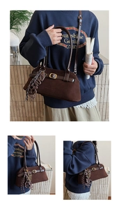 Detailed view of dark brown frosted suede texture on the vintage bowling shoulder bag
