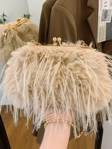 Chic autumn khaki faux turkey fur shoulder bag with vintage gold clasp and metal chain