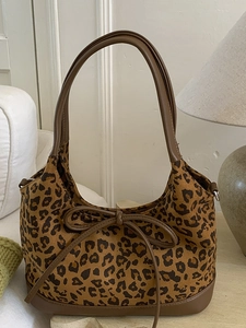 Leopard Print Large Capacity Tote Bag PU Leather Hobo Shoulder Bag With Bow Decoration Retro Stylish Handbag For Women