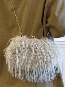 Gray faux turkey feather plush crossbody bag with golden chain and vintage metal clasp