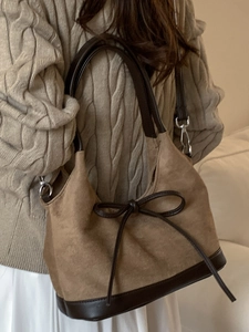 Retro brown leopard leopard-print suede tote bag with leather trim and bow detail for women