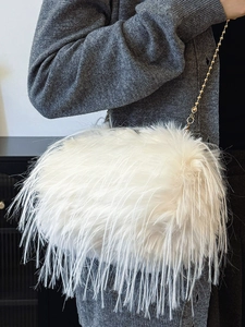 Chic white fluffy turkey feather shoulder bag with gold bead chain strap for autumn winter