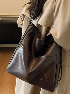 Classic dark brown vintage faux leather tote bag with large capacity for women commuting