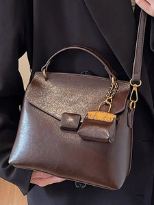 Vintage dark brown faux leather handbag with gold mini charm and square buckle for women
