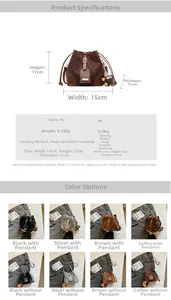 Detail view of leopard print bucket bag with dimensions 15x17x11cm and material specs