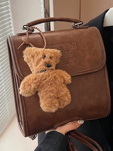 Women Vintage PU Leather Backpack Shoulder Bag Letter Embossed Fashion Square Handbag With Plush Bear Charm Daily School Pack