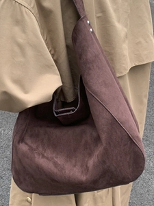 Retro dark brown suede tote bag featuring large capacity and minimalist design