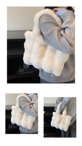 Détail d'un sac cabas en fausse fourrure blanche avec motif carré et poignée moelleuse