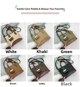 Detailed view of women's bucket bag in white, green, brown, coffee, and black colors
