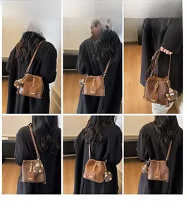 Brown bucket bag styled as a shoulder and crossbody bag shown from multiple angles