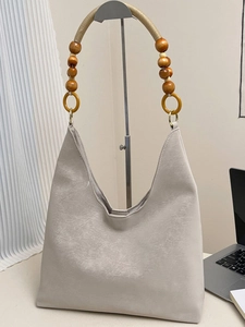 Large Capacity Silk Velvet Shoulder Bag For Women Retro Tote Bag With Wood Bead Handle Urban Casual Commuter Bucket Bag