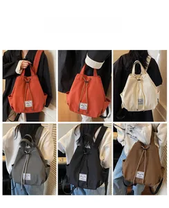 Detailed collage of model wearing minimalist drawstring canvas backpacks in five colors