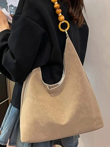 Large capacity camel tote bag with unique vintage wooden bead shoulder strap for women